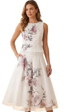 WHBM Floral Organza 2-Piece Midi Skirt Set (EUC) in White Size 0